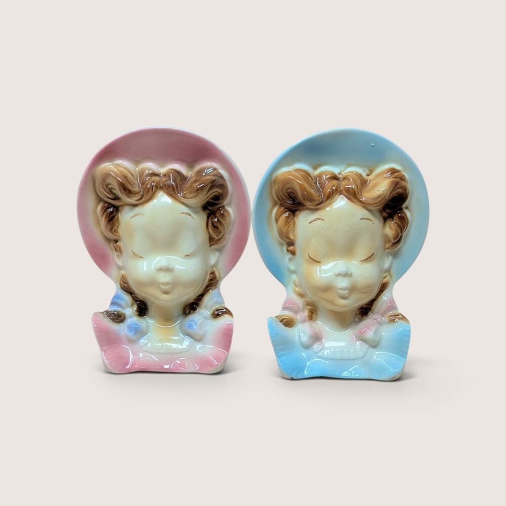 Vintage Royal Copley Lady Head Wall Pocket Planter Pair
